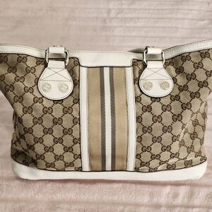 Gucci Canvas And White Leather Tote Bag